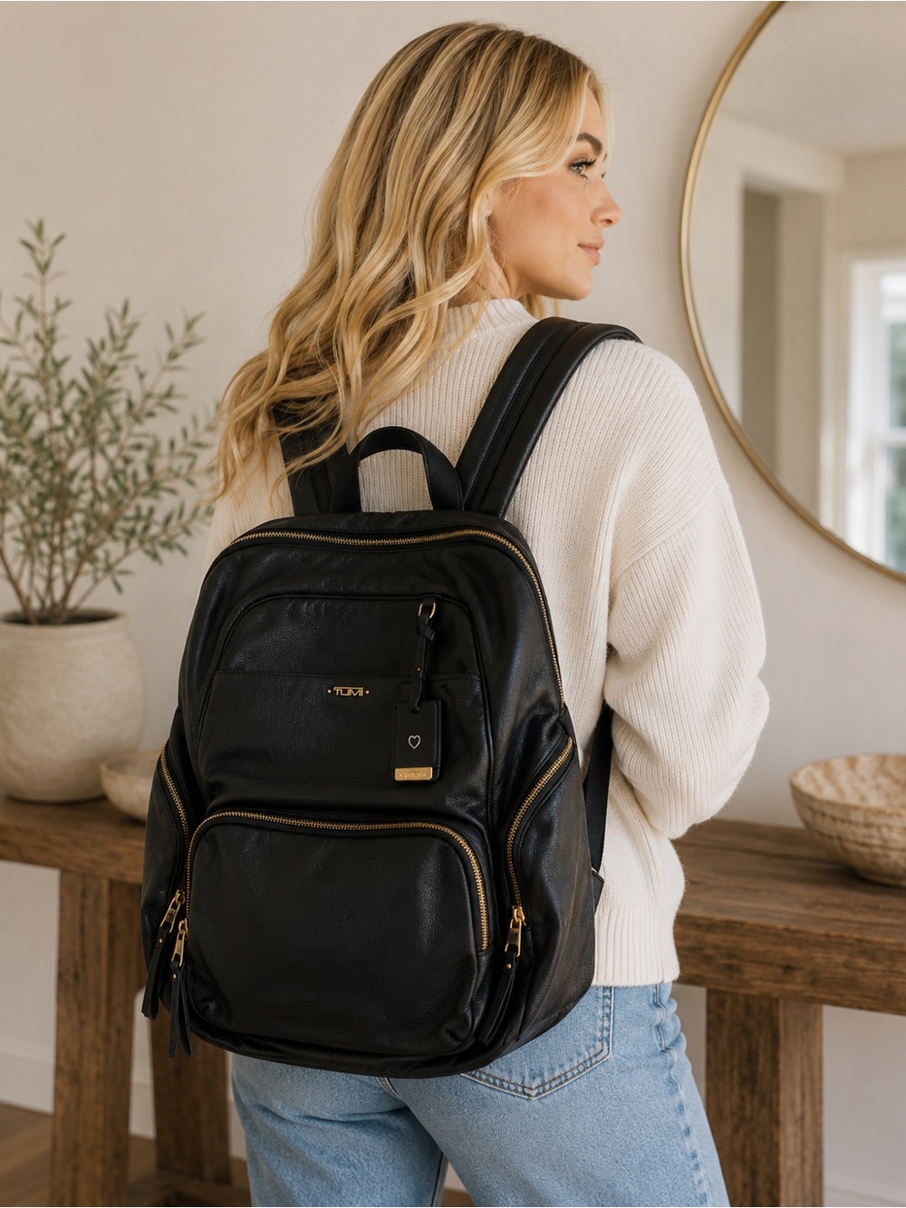 TUMI Black Leather Backpack Gold Hardware